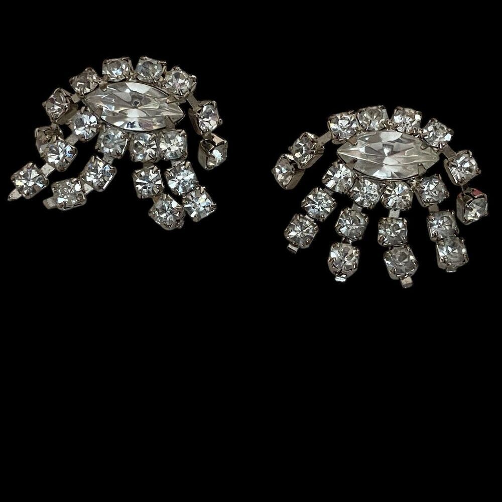 Vtg Shoe Clips Clear Rhinestone Silver Tone Prong Set Bridal Wedding Prom Bling